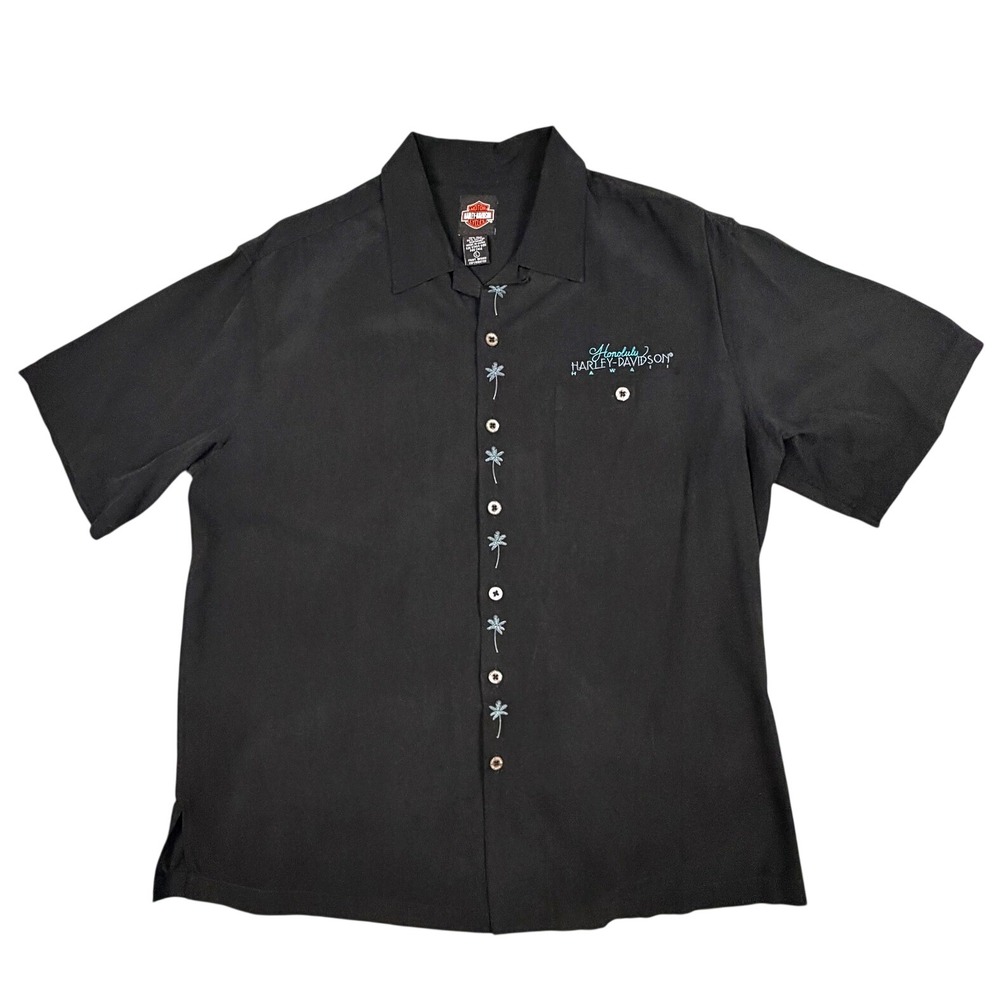 Harley-Davidson Honolulu Hawaii Silk Cotton Shirt Mens Large Black Hula Girl